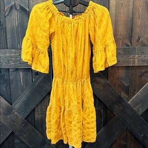 ASOS Off Shoulder Tiered Ruffle Dress 4 Mustard Yellow Golden Boho Textured Bell